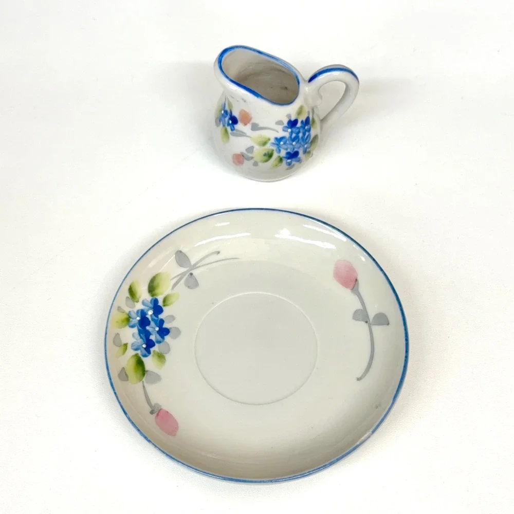 Vintage Japan Miniature Tea‎ Set 4pc Floral Porcelain Teacup Saucer Creamer Blue